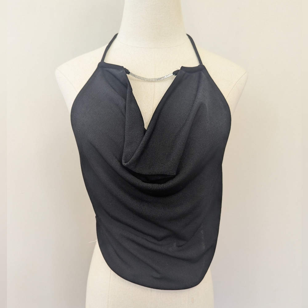Bershka Black Slinky Draped Halter Top Club Y2K